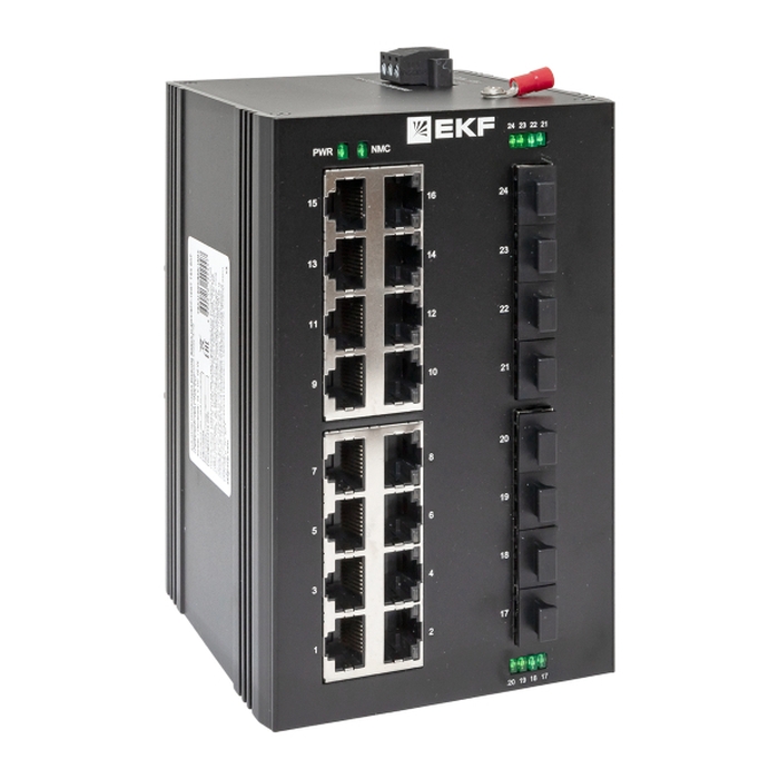 Промышленный неуправляемый коммутатор, 8 x 1000 Base-X портов SFP,16 х 10/100/1000 Base-T(X) портов RJ45. Входное напряжение 24 В DC. Производитель - EKF, серия PROxima 
