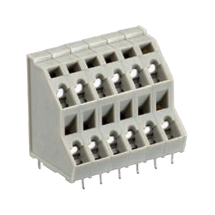 Клемма, 2 этажа, подвод кабеля 45 град., на плату, шаг: 5.08 мм, 12 полюсов, фиксация провода пружинная, исполнение: без маркировки, 250V, 12A, цвет: серый 27.008.3653.0 актуальное фото