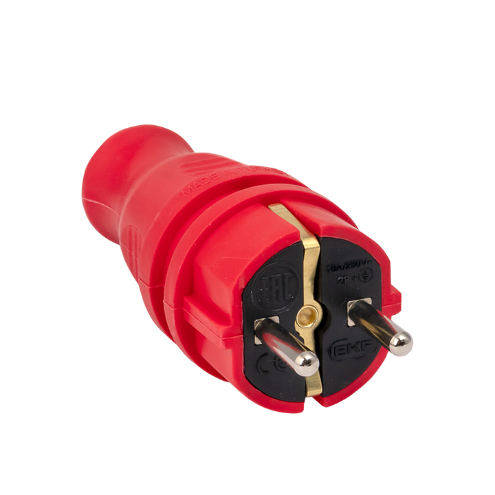 На фото: вилка красная каучуковая прямая 230в 2p+pe 16a ip44 ekf pro ЭКФ (ЕКФ)