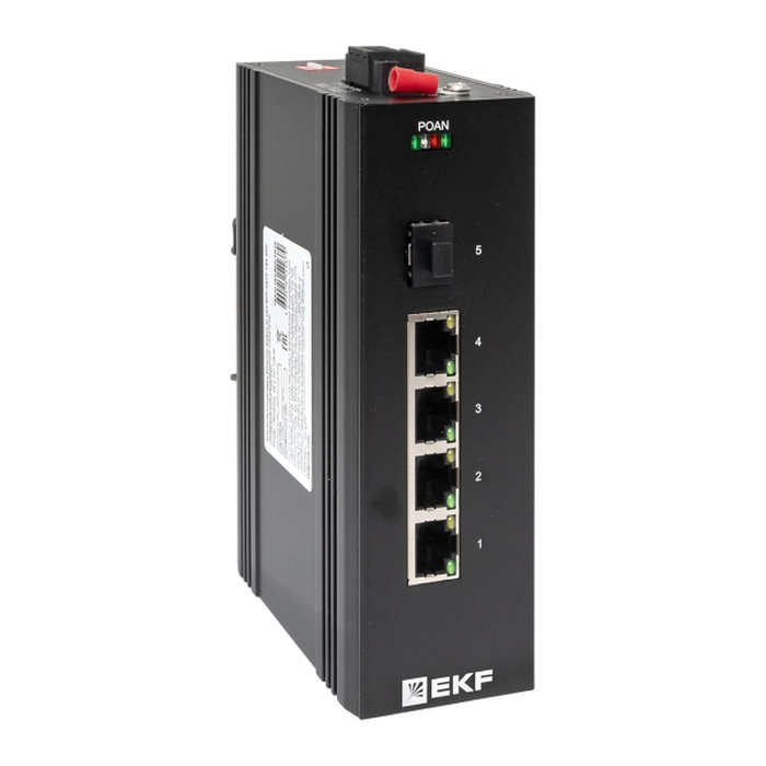 Промышленный неуправляемый коммутатор, 1 x 1000 Base-X порт SFP, 4 x 10/100/1000 Base-T(X) порта RJ45. Входное напряжение 48 В DC. Производитель - EKF, серия PROxima 