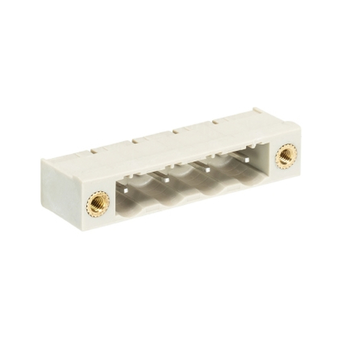 Вилочный разъем, горизонтальный, на плату, шаг: 7.5 мм, 4 полюса, фиксация на плате пайкой, исполнение: без маркировки, с монтажными фланцами, 690V, 12А, цвет: серый