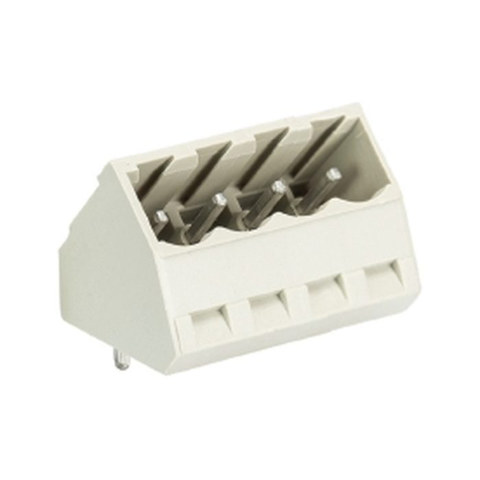 Вилочный разъем, угол 45 градусов, на плату, шаг: 5.08 мм, 4 полюса, фиксация на плате пайкой, исполнение: без маркировки, 400V, 12А, цвет: серый