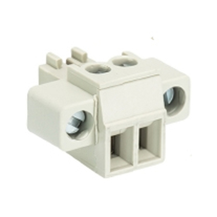 Розеточный разъем, угловой, на кабель, шаг: 3.5 мм, 2 полюса, фиксация провода винтовая, исполнение: без маркировки, с монтажными фланцами, 250V, 8А, цвет: серый