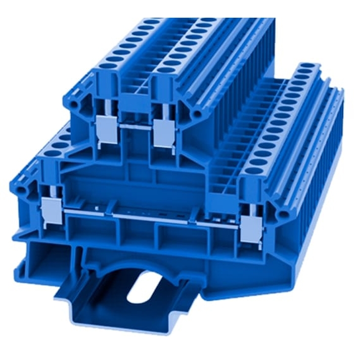 Фото Клемма винтовая двухуровневая с общим потенциалом 10мм2 синяя ширина 10мм, номинальный ток 57А dckkb10-pv-01p-12-00z(h) DEGSON