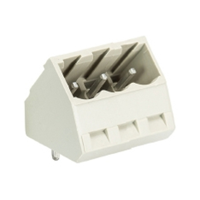 Вилочный разъем, угол 45 градусов, на плату, шаг: 5.08 мм, 3 полюса, фиксация на плате пайкой, исполнение: без маркировки, 400V, 12А, цвет: серый