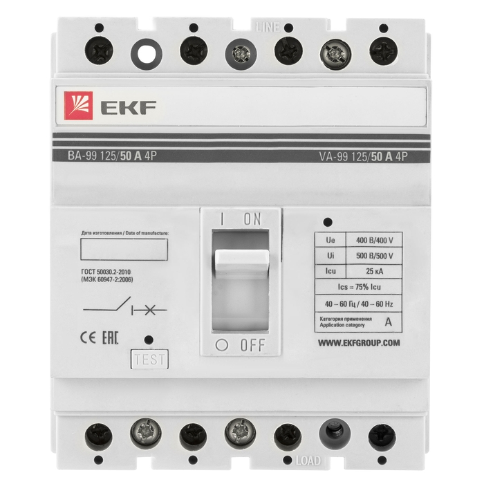 На фото: автоматические выключатели в литом корпусе ва-99 125/50а 4p 25ка ekf ЭКФ (ЕКФ) 