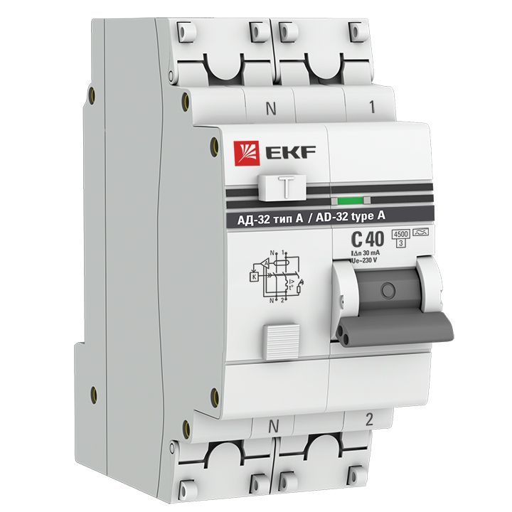 На фото: ад-32 1p+n 40а (с) 30ма тип (а) эл. 4,5ка ekf proxima ЭКФ (ЕКФ)