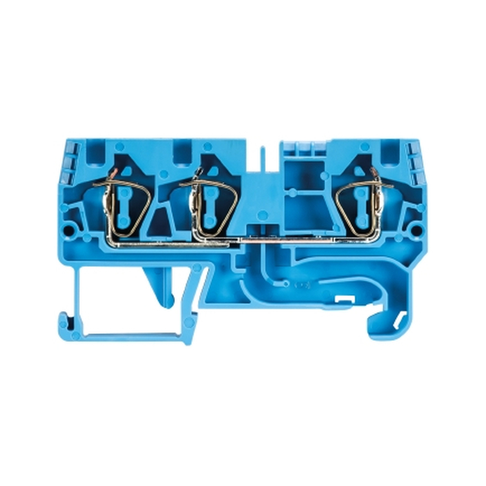 Проходная клемма, 3 точки подключения, тип фиксации провода: пружинный, номинальное сечение: 4 мм кв., 32A, 800V, ширина: 6 мм, цвет: синий, тип монтажа: DIN35 56.704.5055.6 актуальное фото