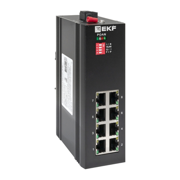 Промышленный неуправляемый коммутатор, 8 х 10/100/1000 Base-T(X) портов RJ45. Входное напряжение 24 В DC. Производитель - EKF, серия PROxima 