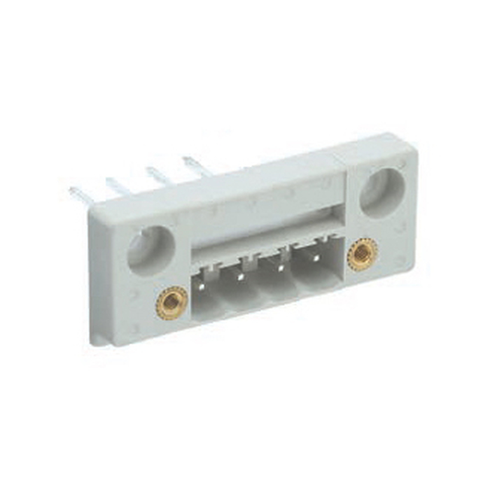 Вилочный разъем, горизонтальный, в панель, шаг: 5.08 мм, 4 полюса, фиксация на плате пайкой, исполнение: с маркировкой, с монтажными фланцами 400V, 6,5А, цвет: серый