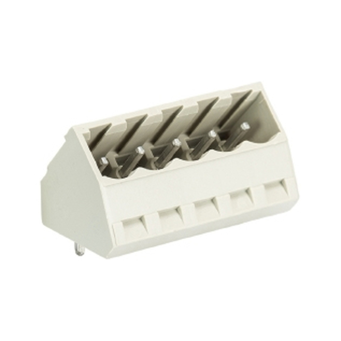 Вилочный разъем, угол 45 градусов, на плату, шаг: 5.0 мм, 5 полюсов, фиксация на плате пайкой, исполнение: без маркировки, 400V, 12А, цвет: серый