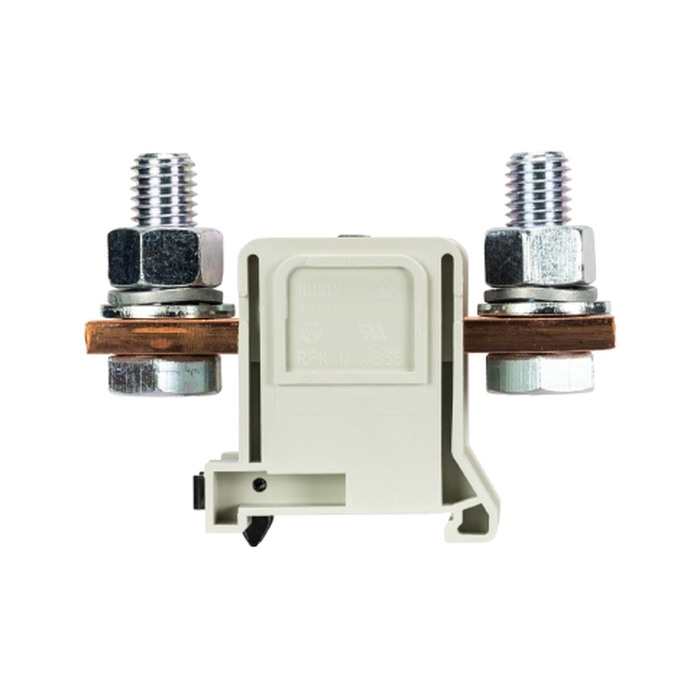 Болтовая клемма, М12, схема: перевернутый болт - перевернутый болт, тип фиксации провода: номинальное сечение: 185 мм кв., 335A, 1000V, ширина: 42 мм, цвет: серый, тип монтажа: DIN35 56.398.1055.0 актуальное фото