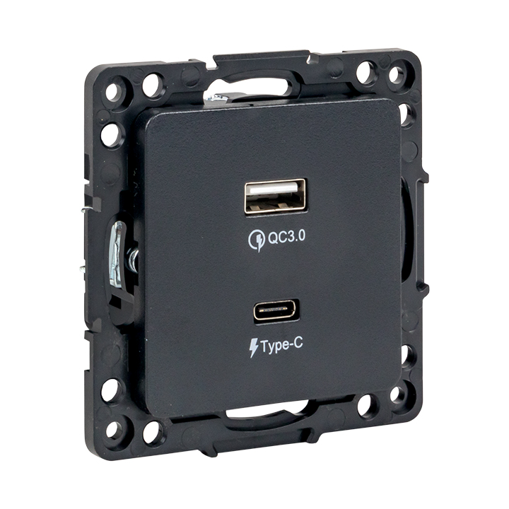 На фото: стокгольм механизм розетки с 2usb type-a + type-c черный ekf ЭКФ (ЕКФ)