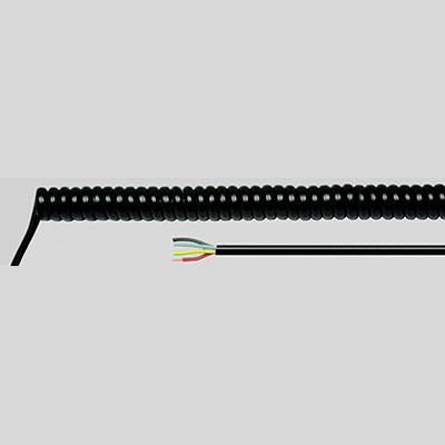 На фото: спиральный кабель спиральный кабель pur черный pur-spika wl 1400mm 4g0,75 кв.мм, schwarz HELUKABEL (Хелукабель)