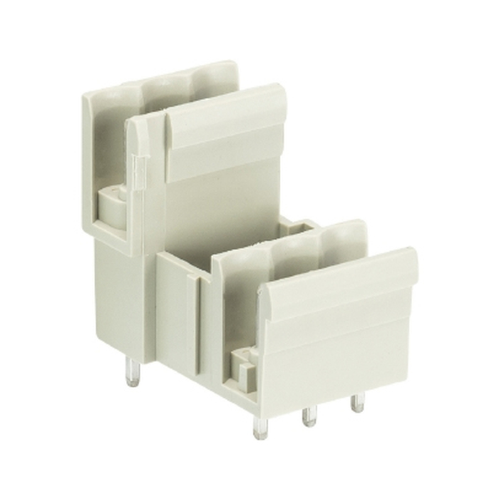 Вилочный разъем, 2 этажа, вертикальный, на плату, шаг: 5.0 мм, 3 полюса, фиксация на плате пайкой, исполнение: без маркировки, 300V, 10А, цвет: серый