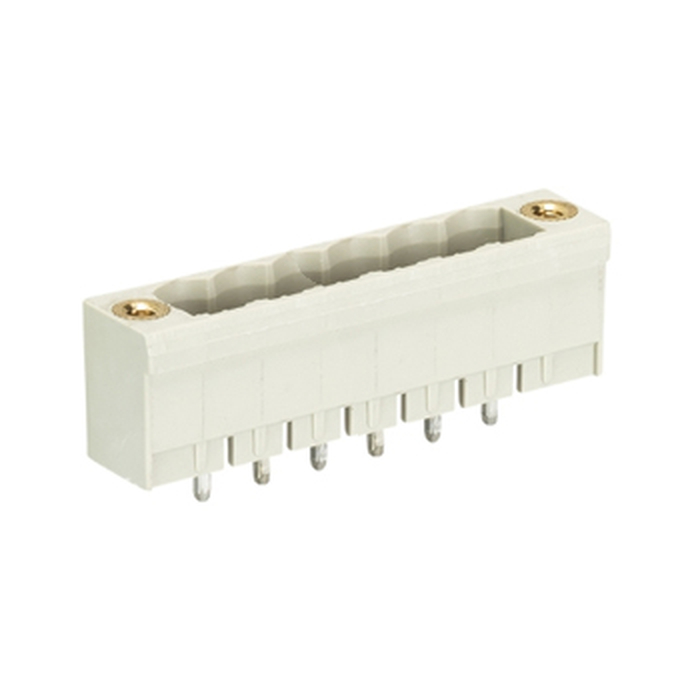 Вилочный разъем, вертикальный, на плату, шаг: 5.0 мм, 6 полюсов, фиксация на плате пайкой, исполнение: без маркировки, с монтажными фланцами, 300V, 12А, цвет: серый