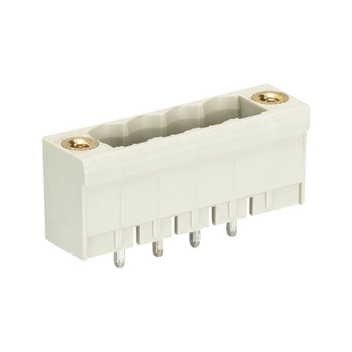 Вилочный разъем, вертикальный, на плату, шаг: 5.0 мм, 4 полюса, фиксация на плате пайкой, исполнение: без маркировки, с монтажными фланцами, 300V, 12А, цвет: серый