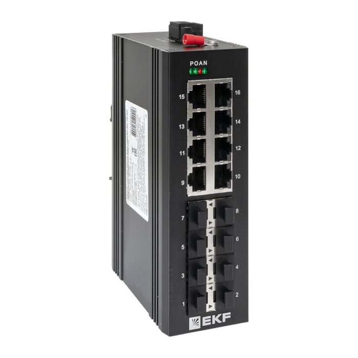 Промышленный неуправляемый коммутатор, 8 x 1000 Base-X портов SFP,8 х 10/100/1000 Base-T(X) портов RJ45 . Входное напряжение 24 В DC. Производитель - EKF, серия PROxima 