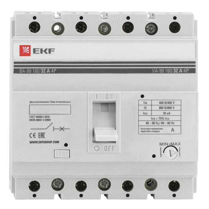 На фото: автоматические выключатели в литом корпусе ва-99 160/32а 4p 35ка ekf ЭКФ (ЕКФ) 