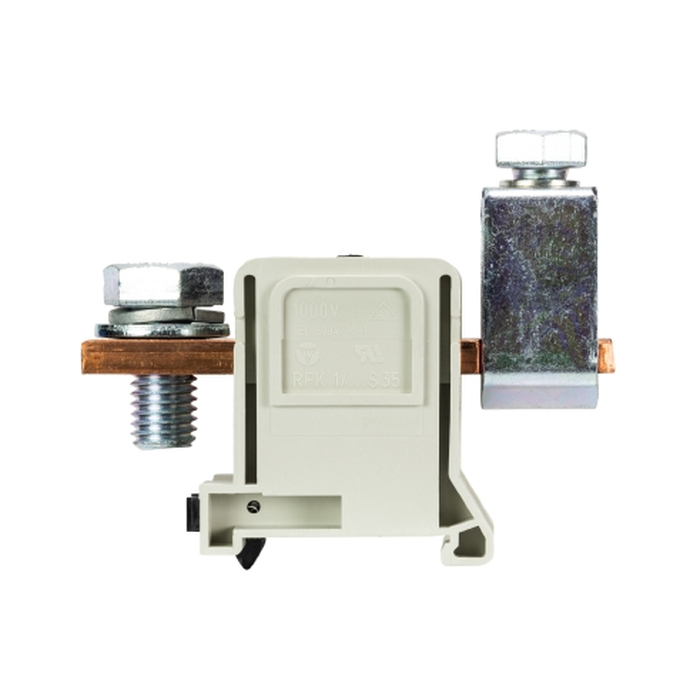 Болтовая клемма, М12, схема: зажим - болт, тип фиксации провода: зажим-болт, номинальное сечение: 150 мм кв., 335A, 1000V, ширина: 42 мм, цвет: серый, тип монтажа: DIN35 56.397.0255.0 актуальное фото