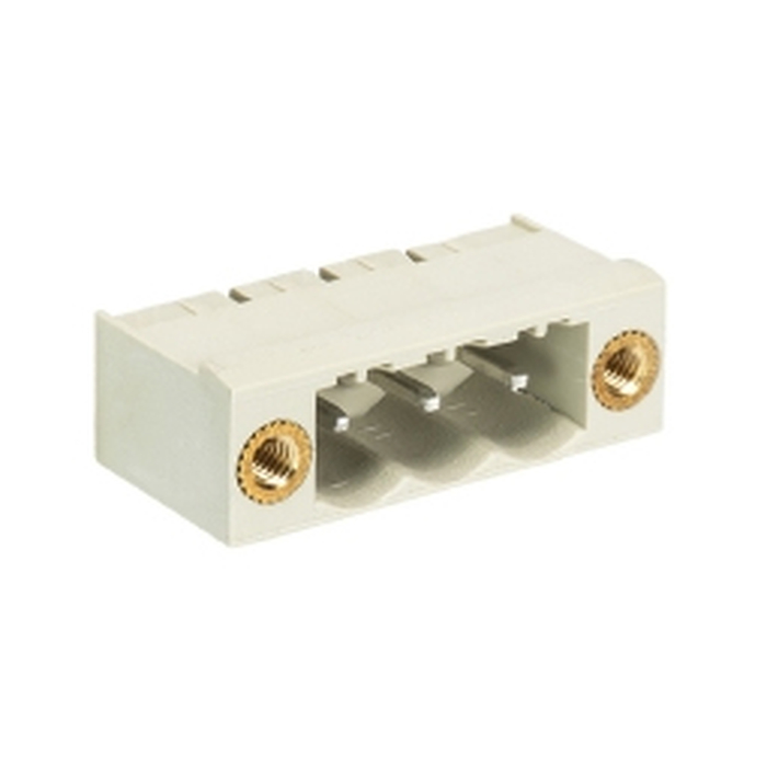 Вилочный разъем, горизонтальный, на плату, шаг: 5.0 мм, 3 полюса, фиксация на плате пайкой, исполнение: без маркировки, с монтажными фланцами, 300V, 12А, цвет: серый