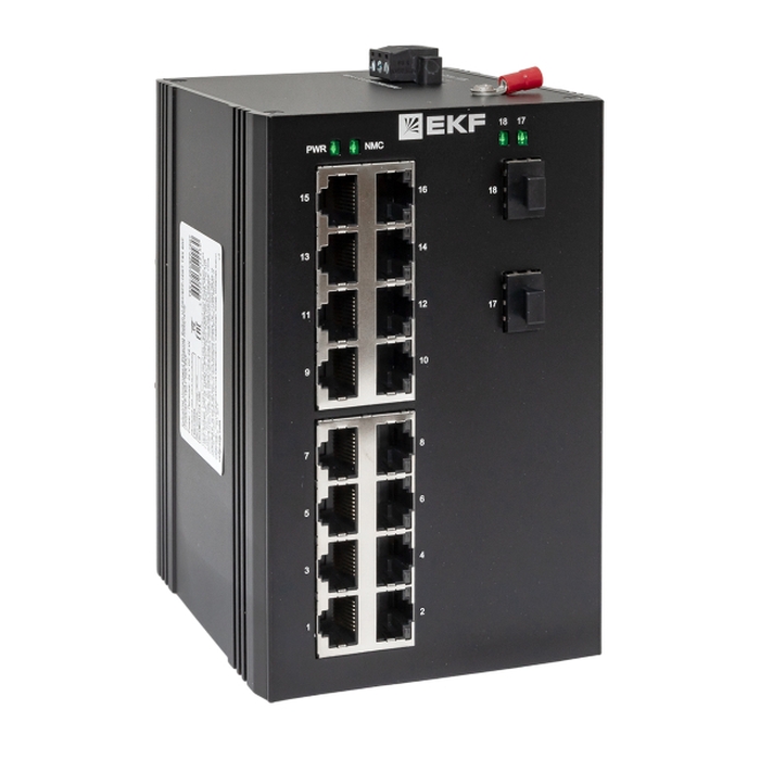 Промышленный неуправляемый коммутатор, 2 x 1000 Base-X порта SFP, 16 x 10/100/1000 Base-T(X) портов RJ45. Входное напряжение 24 В DC. Производитель - EKF, серия PROxima 