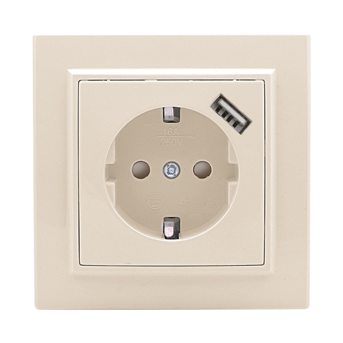 На фото: минск розетка 1-местная сп с/з 16а беж. с защ. штор. с usb 1а ekf ЭКФ (ЕКФ)