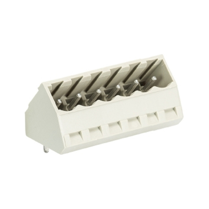Вилочный разъем, угол 45 градусов, на плату, шаг: 5.0 мм, 6 полюсов, фиксация на плате пайкой, исполнение: без маркировки, 400V, 12А, цвет: серый