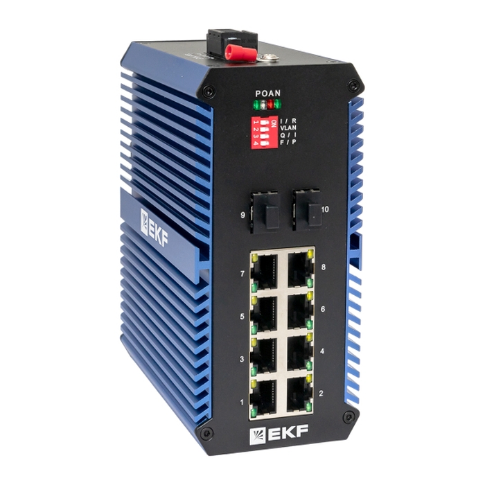 Промышленный неуправляемый коммутатор, 2 x 1000 Base-X порта SFP, 8 х 10/100/1000 Base-T(X) портов RJ45. Входное напряжение 48 В DC. Производитель - EKF, серия PROxima 
