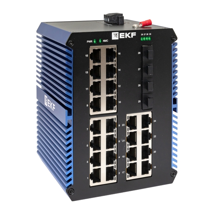 Промышленный неуправляемый коммутатор, 4 x 1000 Base-X порта SFP, 24 х 10/100/1000 Base-T(X) портов RJ45. Входное напряжение 48 В DC. Производитель - EKF, серия PROxima 