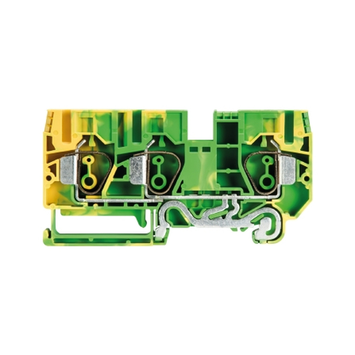 Заземляющая клемма, 3 точки подключения, тип фиксации провода: пружинный, номинальное сечение: 10 мм кв., 57A, 800V, ширина: 10 мм, цвет: желто-зеленый, тип монтажа: DIN35 56.710.9355.0 актуальное фото