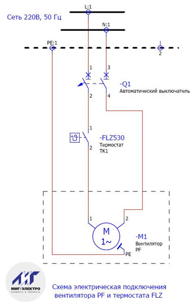 Схема подключения вентилятора PF и термостата FLZ