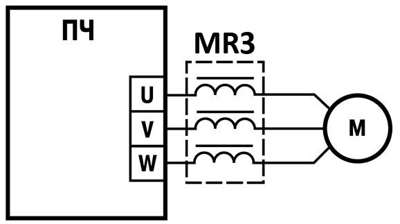 Схема подключения моторного дросселя серии MR3 в выходных цепях ПЧ для питания трехфазных электродвигателей