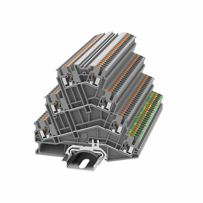 На фото: пружинные клеммы ds2.5-pe/3l-01p-11-00z(h) DEGSON (Дегсон) 